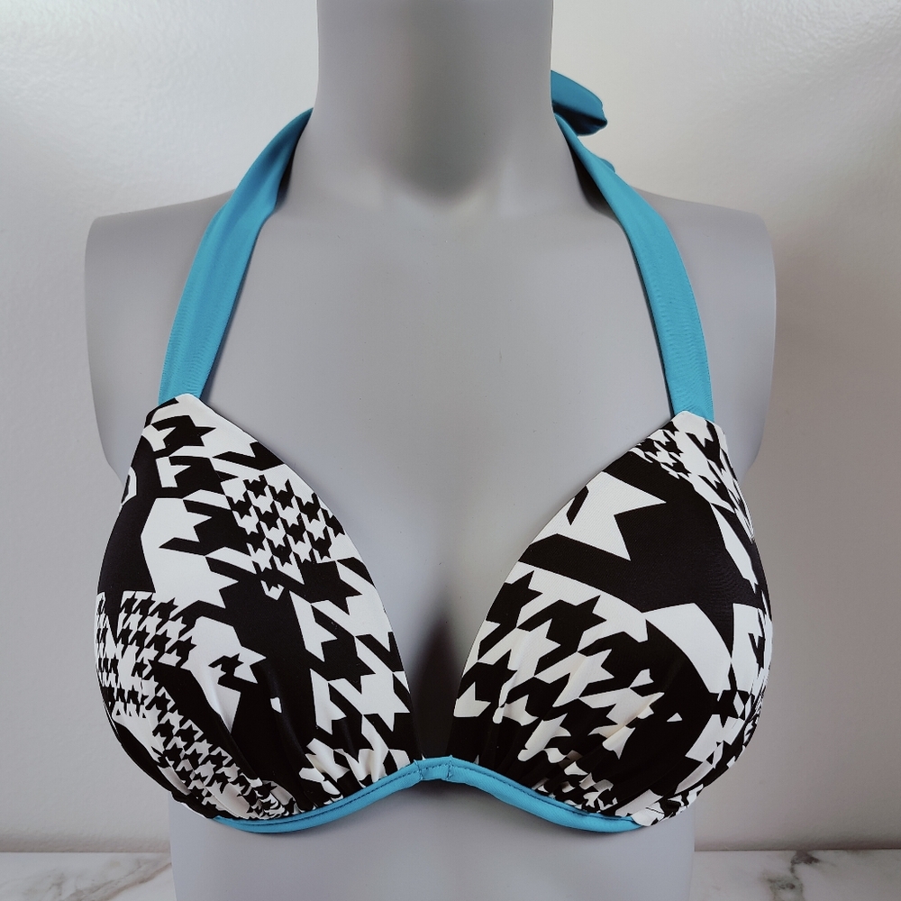 Fresh Peaches Swimwear Houndstooth Turquoise Trim Halter Bikini Bra Top, 36D